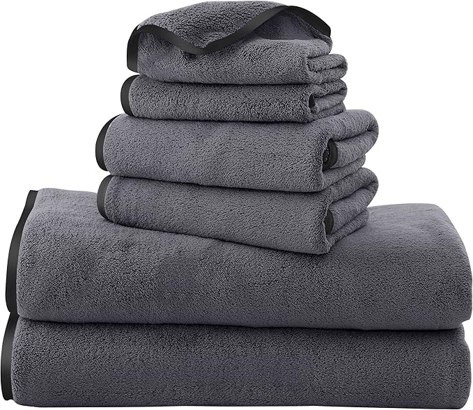 TENSTARS Luxury Silk Hemming Towel Set - Light Thin Quick Drying - 2 Bath Towels 2 Hand Towels 2 Washcloths - Ultra Soft Microfiber, for Bath Fitness, Sports, Yoga, Travel (Dark Grey 6 Pieces)