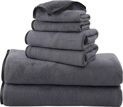 TENSTARS Luxury Silk Hemming Towel Set - Light Thin Quick Drying - 2 Bath Towels 2 Hand Towels 2 Washcloths - Ultra Soft Microfiber, for Bath Fitness, Sports, Yoga, Travel (Dark Grey 6 Pieces)