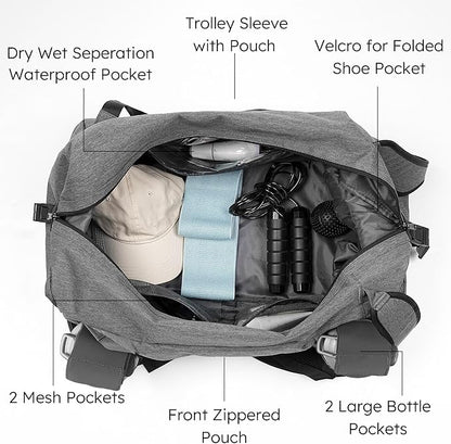 Small Gym Bag for Men with Shoes Compartment and Wet Pocket Convertible Duffle Bag and Gym Backpack Waterproof Sports Bag with 2 Bottle Holders Weekender Overnight Bag - Grey