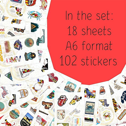 BulbaCraft 100Pcs Maryland Stickers for Water Bottle and Laptop - Maryland Party Supplies & Decorations, Waterproof Vinyl Decals, State Pride and Icon Stickers, Gifts for Women & Men
