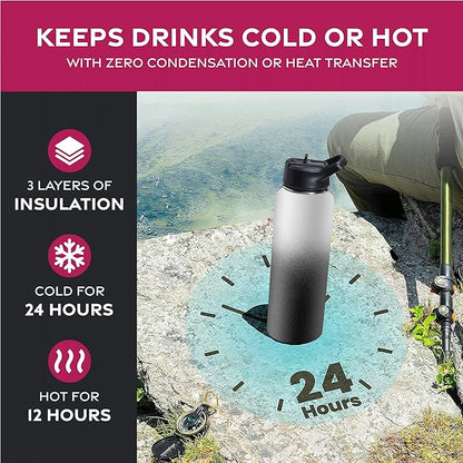 FineDine Water Bottle - Stainless Steel Insulated Water Bottle with Straw Lid, Flip Lid & Wide-Mouth Cap - Keeps Hot and Cold - 40 Oz / 1.18L - Dreamy Black-White