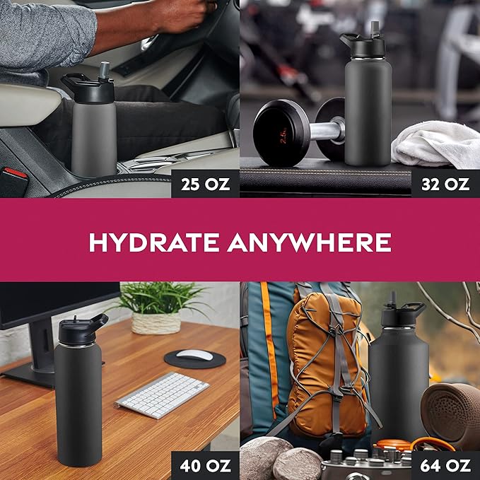 FineDine Insulated Water Bottles with Straw - 64 Oz Stainless Steel Metal Water Bottle W/ 3 Lids - Reusable for Travel, Camping, Bike, Sports - Inky Raven Black