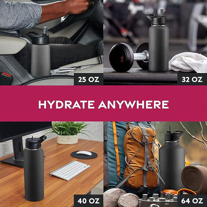 FineDine Insulated Water Bottles with Straw - 64 Oz Stainless Steel Metal Water Bottle W/ 3 Lids - Reusable for Travel, Camping, Bike, Sports - Inky Raven Black