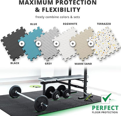 bemaxx Gym Mats Set - 54 pcs EVA Interlocking Foam Floor Tiles (12.6"x12.6"x0.4") 54sqft Protective Gym Flooring Sports Home Workout Exercise Mats Puzzle Garage Fitness Play-Room Pool Treadmill Bike