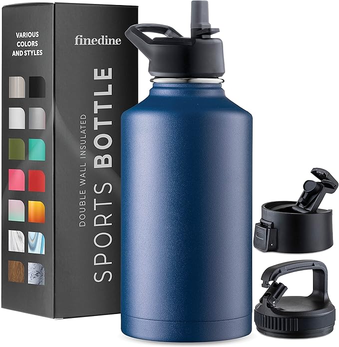 FineDine Triple Walled, Insulated Water Bottles with Straw - 64 Oz Stainless Steel Metal Bottle W/ 3 Leak Proof Lids - For Travel, School, Sports, Gym/Men, Women & Kids - Majestic Sapphire