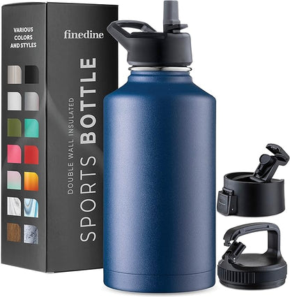 FineDine Triple Walled, Insulated Water Bottles with Straw - 64 Oz Stainless Steel Metal Bottle W/ 3 Leak Proof Lids - For Travel, School, Sports, Gym/Men, Women & Kids - Majestic Sapphire