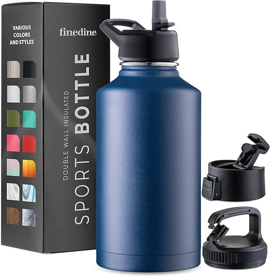 FineDine Triple Walled, Insulated Water Bottles with Straw - 64 Oz Stainless Steel Metal Bottle W/ 3 Leak Proof Lids - For Travel, School, Sports, Gym/Men, Women & Kids - Majestic Sapphire