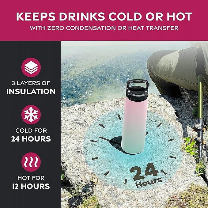 FineDine Water Bottle - Stainless Steel Insulated Water Bottle with Straw Lid, Flip Lid & Wide-Mouth Cap - Keeps Hot and Cold - 25 Oz / 739ml - Dreamy Pink-Green