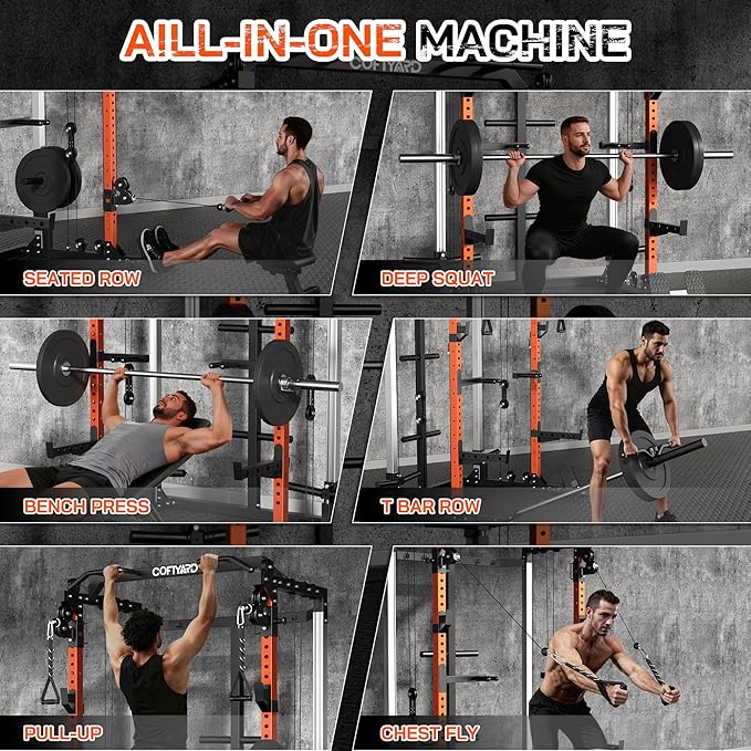 Power Cage, Power Rack with Dual Pulley System, Multi-Function Squat Rack with Cable Crossover, Home Gym Workout Machine