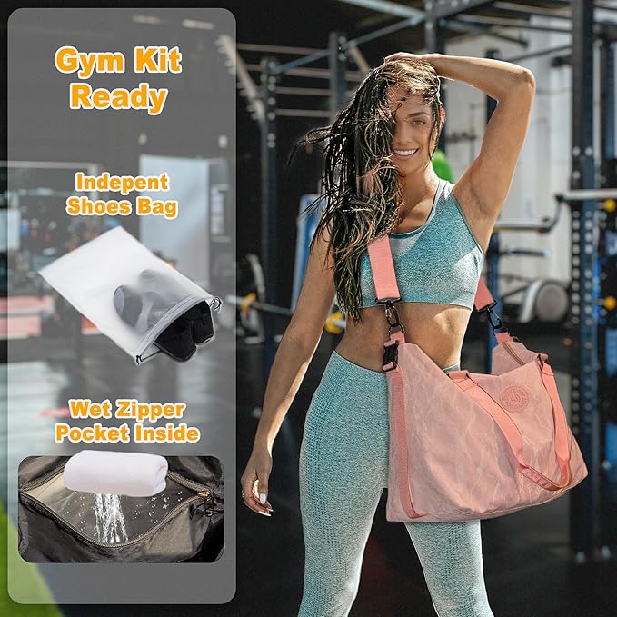 Gym Bag for Men & Women with Shoe Wet Bag - Waterproof Duffle Bag for Travel, Sports, Fitness & Workout (Pink)