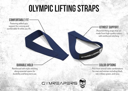Gymreapers Olympic Lifting Straps for Weightlifting, Snatch, Clean, Powerlifting, Strongman, Deadlifts - Durable Cotton with Reinforced Stitching (Pair)