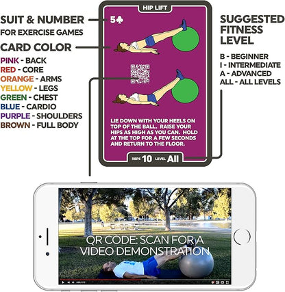Stack 52 Exercise Ball Fitness Cards. Swiss Ball Workout Playing Card Game. Video Instructions Included. Bodyweight Training Program for Balance and Stability Balls.