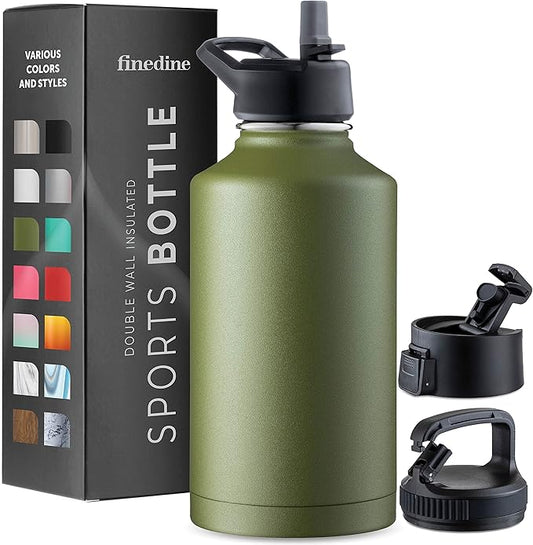 FineDine Water Bottle - Stainless Steel Insulated Water Bottle with Straw Lid, Flip Lid & Wide-Mouth Cap - Keeps Hot and Cold - 64 Oz / 1.89L - Army Green