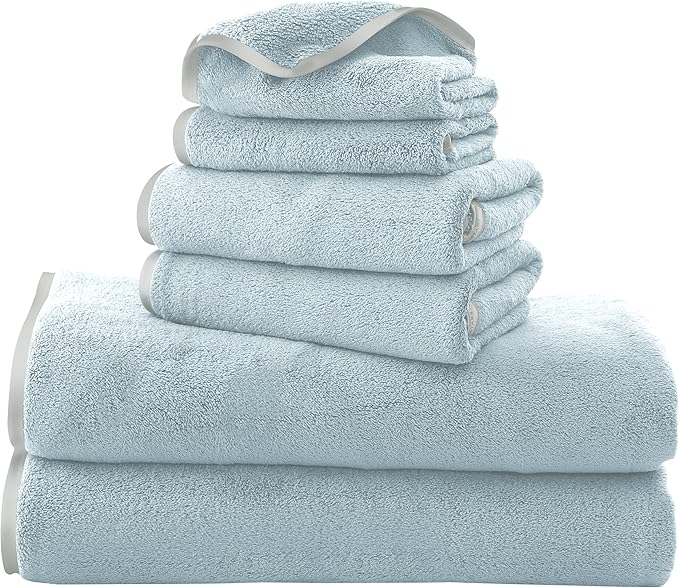 TENSTARS Microfiber Coral Velvet Luxury Silk Hemming Towel Set - Light Teal, 2 Bath Towels, 2 Hand Towels, 2 Washcloths - Ultra Soft, Absorbent, Quick Drying, Easy to Wash