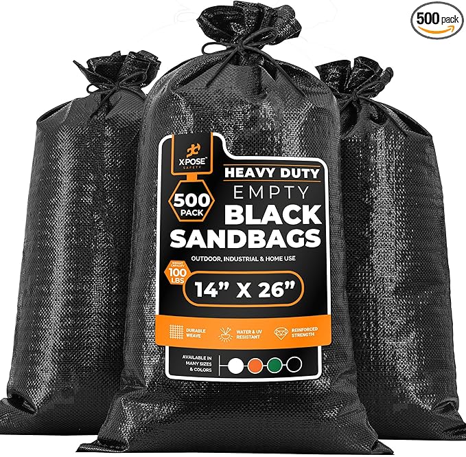 Xpose Safety Heavy Duty Sand Bags with Tie Strings – Empty Woven Polypropylene Sandbags for Hurricane Flood Protection, 100 lb Capacity, 14" x 26", Black, Pack of 500
