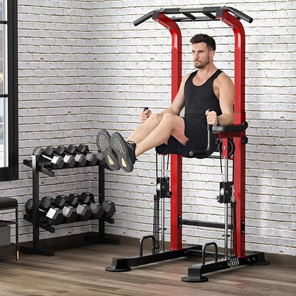 DlandHome Power Tower, Height Adjustable Pull Up Bar Dip Station with Assisted Pad, Multi-Function Home Gym Strength Training Fitness Equipment 330LBS, Red