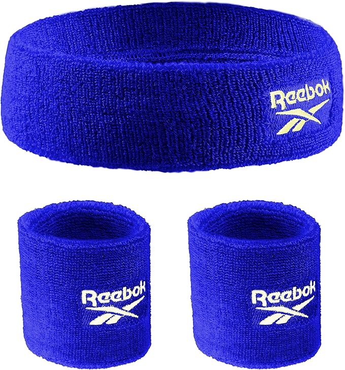 3pc Unisex Athletic Sweatband Set - 2.25in Workout Headband & 3.25in Wristbands w/Stay Dry Technology, Terry Cloth Band Moisture-Wicking Fabric | Quality Fitness Accessories for Active Comfort-Reebok