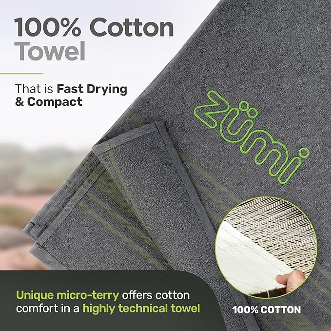 Zumi 100% Cotton Quick Dry Large Travel Towel - Soft, Thin, Compact, Highly Absorbent, Lightweight Camping Towel for Beach, Gym, Bath, Shower, Swimming, Pool, Dorm, RV - Gray