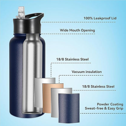 VEGOND 32 oz Insulated Water Bottle Bulk Stainless Steel Metal Water Bottles with Leak Proof Straw Lid & Spout Lid, Wide Mouth Double Walled Vacuum Travel Sports Bottle, 4 Pack