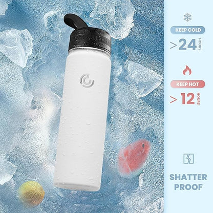 COKTIK 22oz Sports Water Bottle, Stainless Steel Water Bottle for Insulated, Reusable Travel Bottle, With Straw, With Handle Grip for Easy Carrying, Suitable for Cycling, Outdoor Vacations(White)