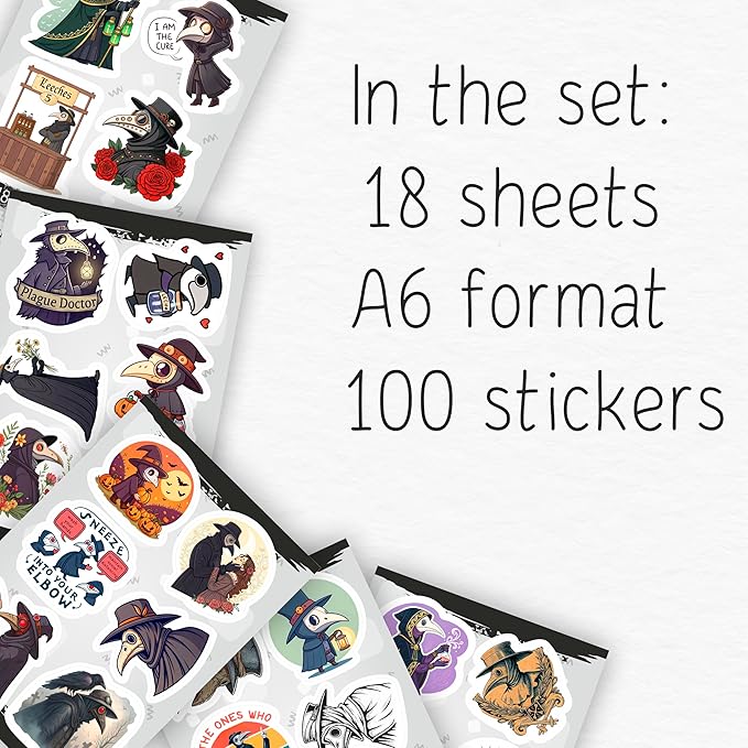 100Pcs Plague Doctor Stickers for Water Bottle, Laptop - Plaque Doctor Decoration & Party Supplies - Spooky Stickers - Gift for Women & Men