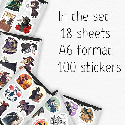 100Pcs Plague Doctor Stickers for Water Bottle, Laptop - Plaque Doctor Decoration & Party Supplies - Spooky Stickers - Gift for Women & Men
