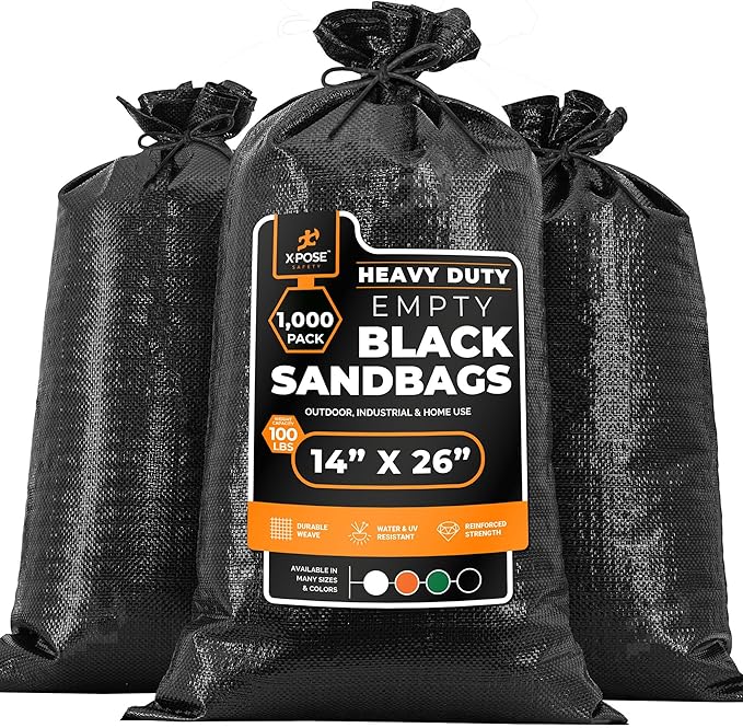 Xpose Safety Heavy Duty Sand Bags with Tie Strings – Empty Woven Polypropylene Sandbags for Hurricane Flood Protection, 100 lb Capacity, 14" x 26", Black, Pack of 1000