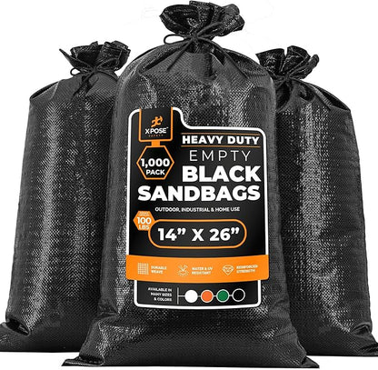 Xpose Safety Heavy Duty Sand Bags with Tie Strings – Empty Woven Polypropylene Sandbags for Hurricane Flood Protection, 100 lb Capacity, 14" x 26", Black, Pack of 1000