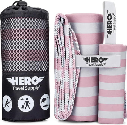 Hero Microfiber Towel, Camping, Beach, Gym, Includes Bonus Washcloth (Pink Stripe, 24" x 48")