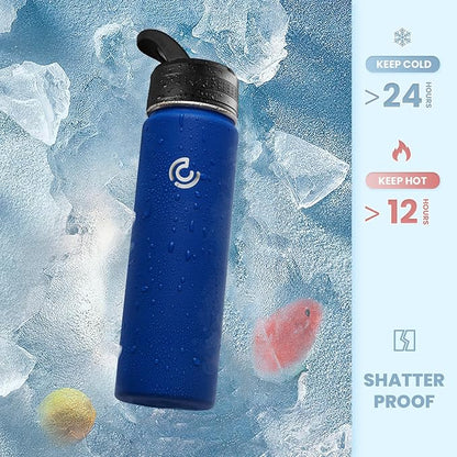 COKTIK 22oz Sports Water Bottle, Stainless Steel Water Bottle for Insulated, Reusable Travel Bottle, With Straw, With Handle Grip for Easy Carrying, Suitable for Cycling, Outdoor Vacations(Cobalt)