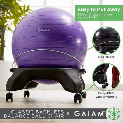 Gaiam Classic Backless Balance Ball Chair – Exercise Stability Yoga Ball Premium Ergonomic Chair for Home and Office Desk with Air Pump, Exercise Guide and Satisfaction Guarantee, Charcoal