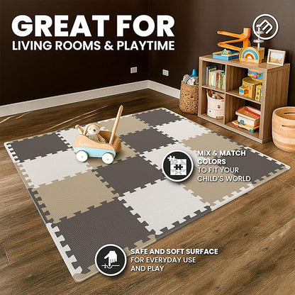 bemaxx Gym Mats Set - 18 pcs EVA Interlocking Foam Floor Tiles (12.6"x12.6"x0.4") 18sqft Protective Gym Flooring Sports Home Workout Exercise Mats Puzzle Garage Fitness Play-Room Pool Treadmill Bike