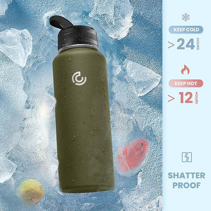 COKTIK 40oz Sports Water Bottle, Stainless Steel Water Bottle for Insulated, Reusable Travel Bottle, With Straw, With Handle Grip for Easy Carrying, Suitable for Cycling, Outdoor Vacations(Army Green)