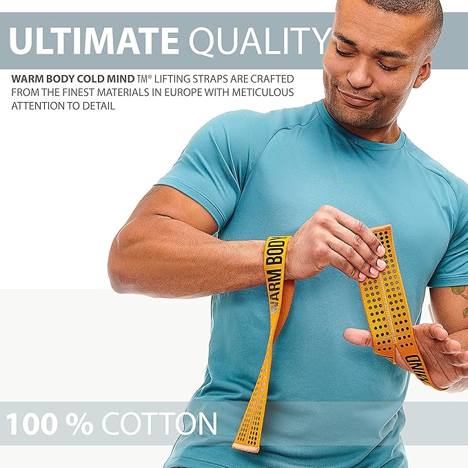 WARM BODY COLD MIND V1 Lifting Wrist Straps for Olympic Weightlifting - Rated at 660 lb - Hand Wraps for Powerlifting, Weight Lifting, Bodybuilding Functional/Cross Training, Deadlift Gym Bar, Cotton