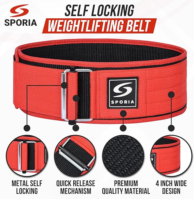 SPORIA Self-Locking Weight Lifting Belt | 4 inch Back Support | Includes Lifting Straps