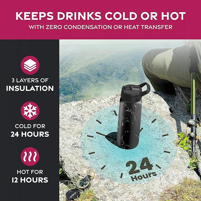 FineDine Triple Walled, Insulated Water Bottles with Straw - 25 Oz Stainless Steel Metal Bottle W/ 3 Leak Proof Lids - For Travel, School, Sports, Gym/Men, Women & Kids - Polished Raven Marble