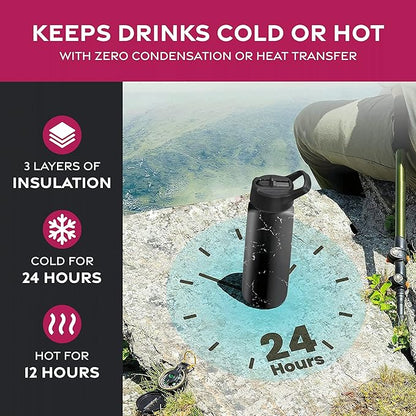 FineDine Triple Walled, Insulated Water Bottles with Straw - 25 Oz Stainless Steel Metal Bottle W/ 3 Leak Proof Lids - For Travel, School, Sports, Gym/Men, Women & Kids - Polished Raven Marble