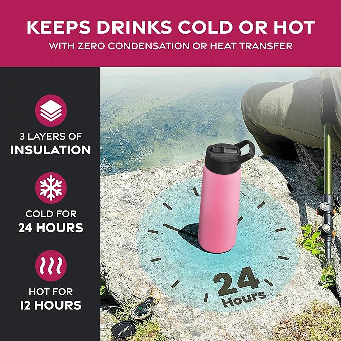 FineDine Triple Walled, Insulated Water Bottles with Straw - 25 Oz Stainless Steel Metal Bottle W/ 3 Leak Proof Lids - For Travel, School, Sports, Gym/Men, Women & Kids - Striking French Rose