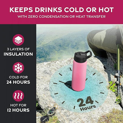 FineDine Triple Walled, Insulated Water Bottles with Straw - 25 Oz Stainless Steel Metal Bottle W/ 3 Leak Proof Lids - For Travel, School, Sports, Gym/Men, Women & Kids - Striking French Rose
