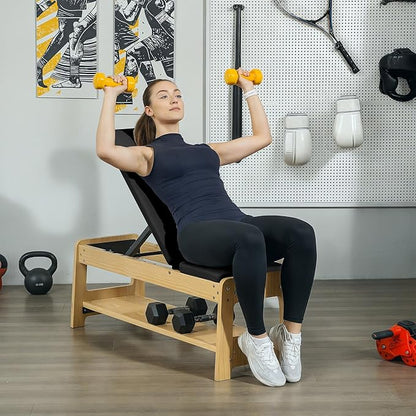 Soozier Adjustable Weight Bench with Dumbbell Rack, Wooden Workout Bench, Flat or Incline Bench for Home Gym Weight Lifting Training