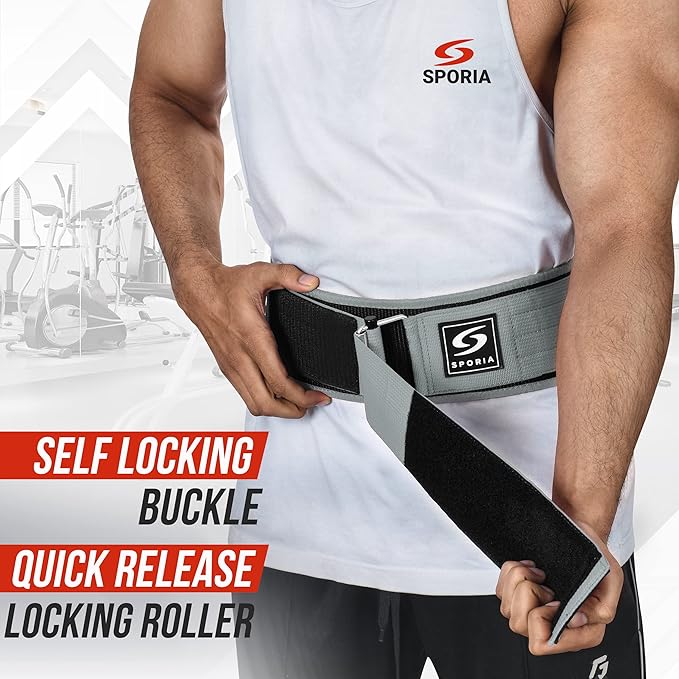 SPORIA Self-Locking Weight Lifting Belt | 4 inch Back Support | Includes Lifting Straps