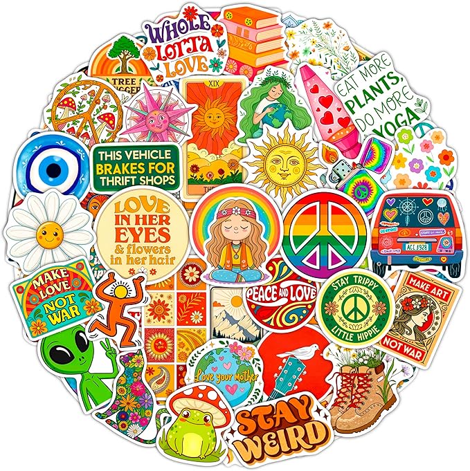 100Pcs Hippie Stickers for Phones, Water Bottles, Groovy Stickers Bulk for Laptop, for Water Bottle - Hippie Gifts, Party Supplies & Decoration - Gift for Women & Men