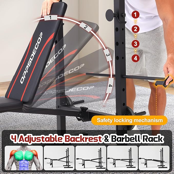 OPPSDECOR Multi-Function Weight Bench Set with Squat Rack Leg Extension & Leg Curl Adjustable Workout Bench for Full Body Fitness Foldable Flat/Incline/Decline Upgrade Bench Press for Home Gym