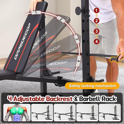 OPPSDECOR Multi-Function Weight Bench Set with Squat Rack Leg Extension & Leg Curl Adjustable Workout Bench for Full Body Fitness Foldable Flat/Incline/Decline Upgrade Bench Press for Home Gym