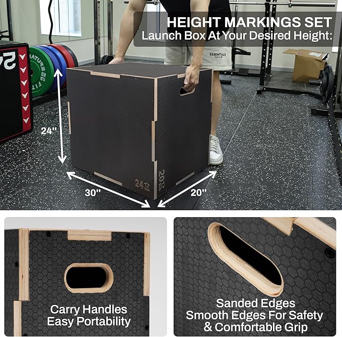 Signature Fitness 3 in 1 Non-Slip Wooden Plyo Box Jump Exercise Platform, Plyometric Workout Equipment for Home Gym, Training Step Box, Gray, Multiple Sizes