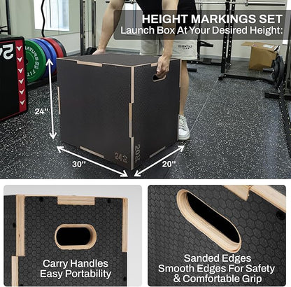 Signature Fitness 3 in 1 Non-Slip Wooden Plyo Box Jump Exercise Platform, Plyometric Workout Equipment for Home Gym, Training Step Box, Gray, Multiple Sizes