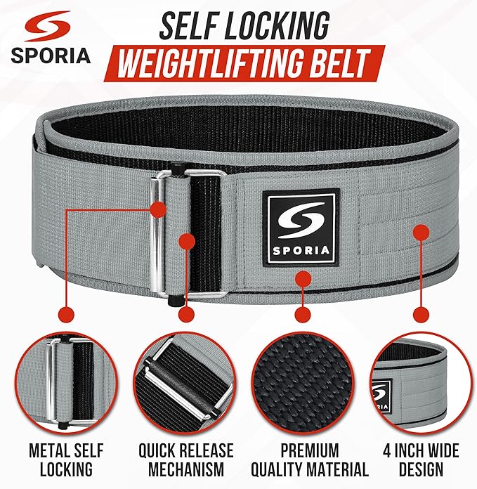 SPORIA Self-Locking Weight Lifting Belt | 4 inch Back Support | Includes Lifting Straps