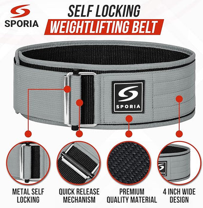 SPORIA Self-Locking Weight Lifting Belt | 4 inch Back Support | Includes Lifting Straps