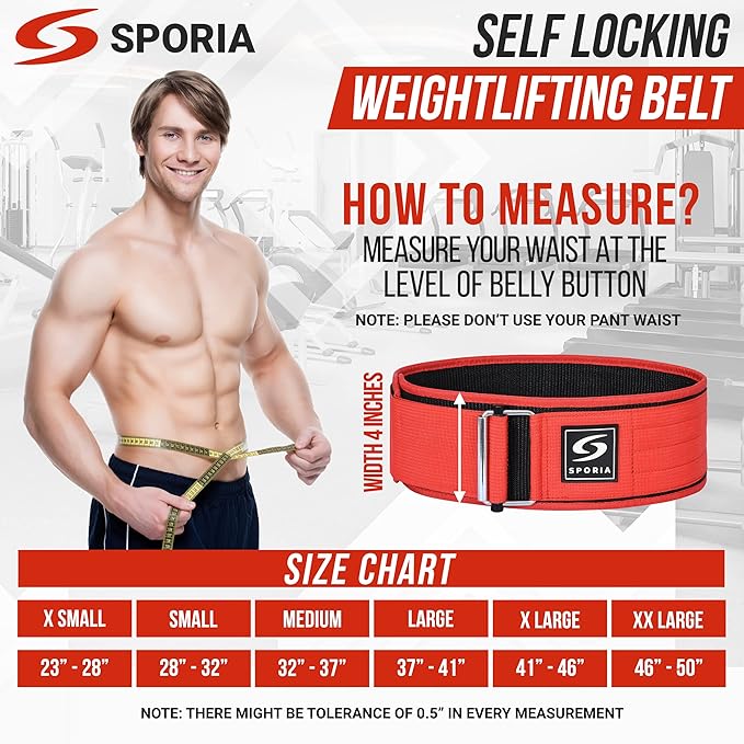 SPORIA Self-Locking Weight Lifting Belt | 4 inch Back Support | Includes Lifting Straps