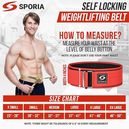 SPORIA Self-Locking Weight Lifting Belt | 4 inch Back Support | Includes Lifting Straps